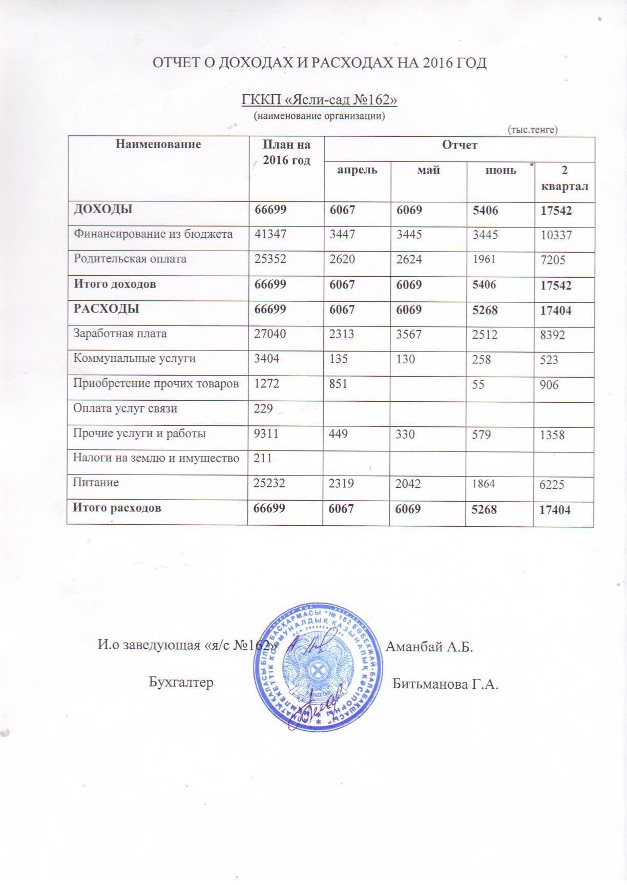 Отчет о доходах и расходах на 2016 год