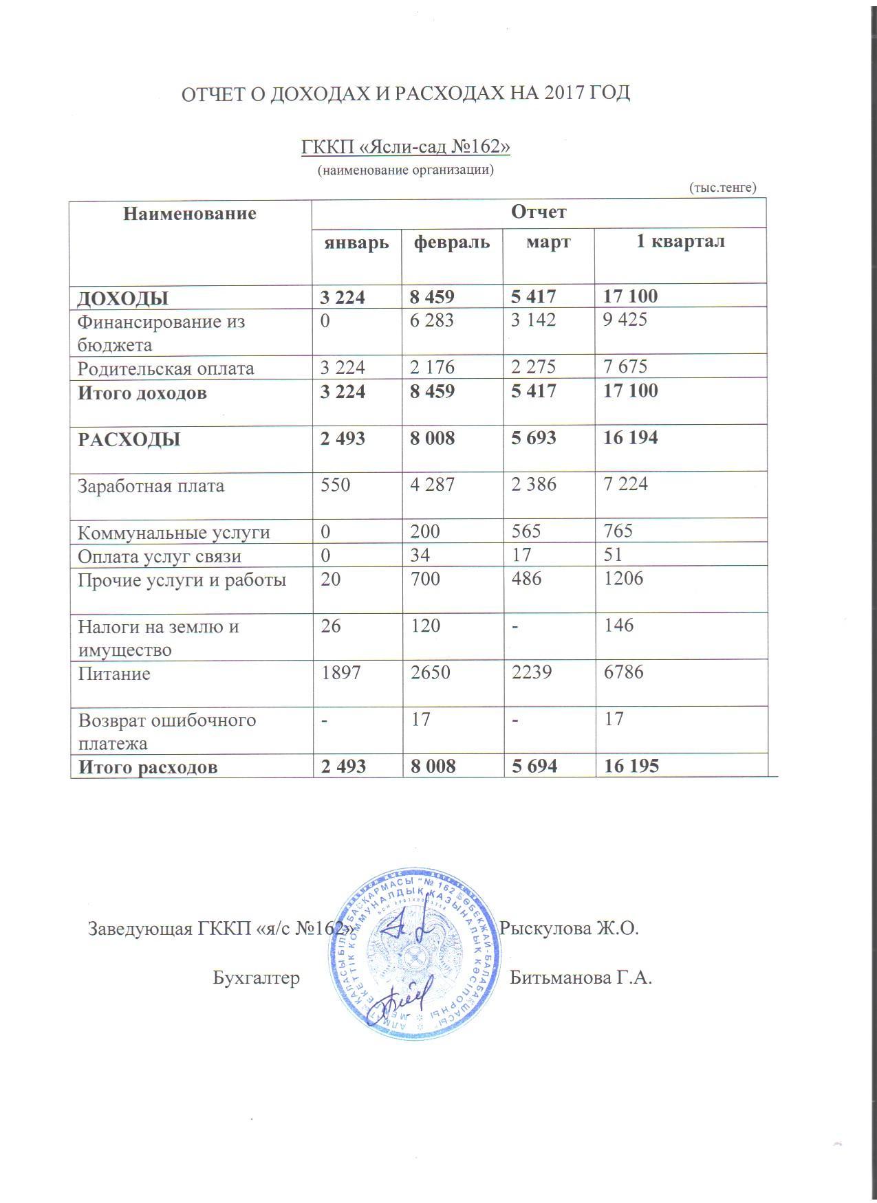 отчет о доходах и расходах на 2017 год