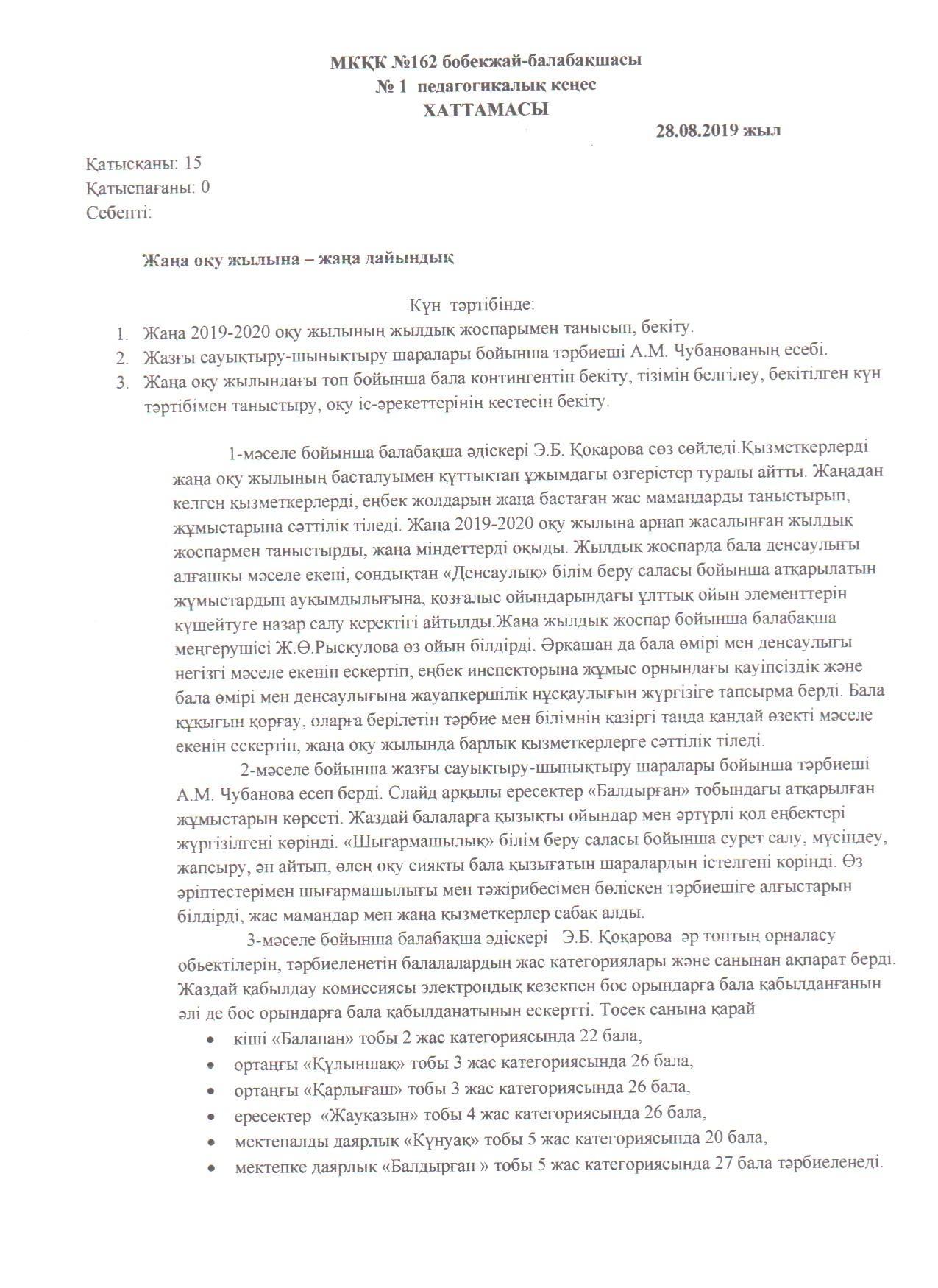 МКҚК №162 бөбекжай балабқшасында "Жаңа оқу жылына - жаңа дайындық" атты №1 педагогикалық кеңес 28.08.2019жыл өтті.